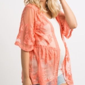 Coral Scalloped Lace Mesh Kimono